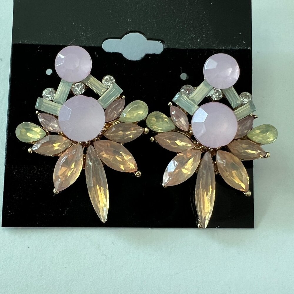 Pink Crystal Faceted Pastel Stones, Gold-Tone Setting Earrings